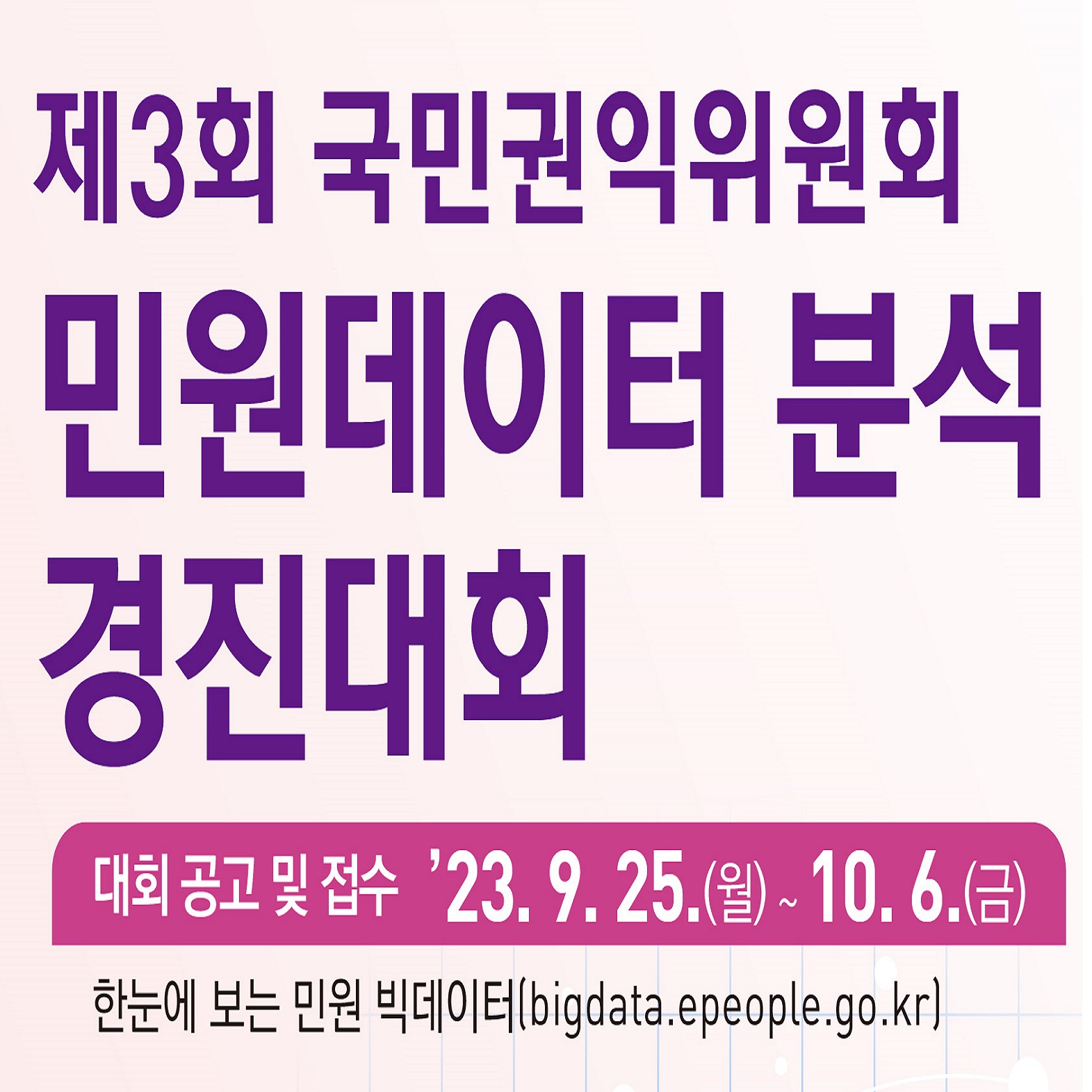 제3회 국민권익위원회 민원데이터 분석 경진대회

대회 공고 및 접수 23.9.25.(월)~10.6.(금)

한눈에 보는 민원 빅데이터(bigdata.epeople.go.kr)
