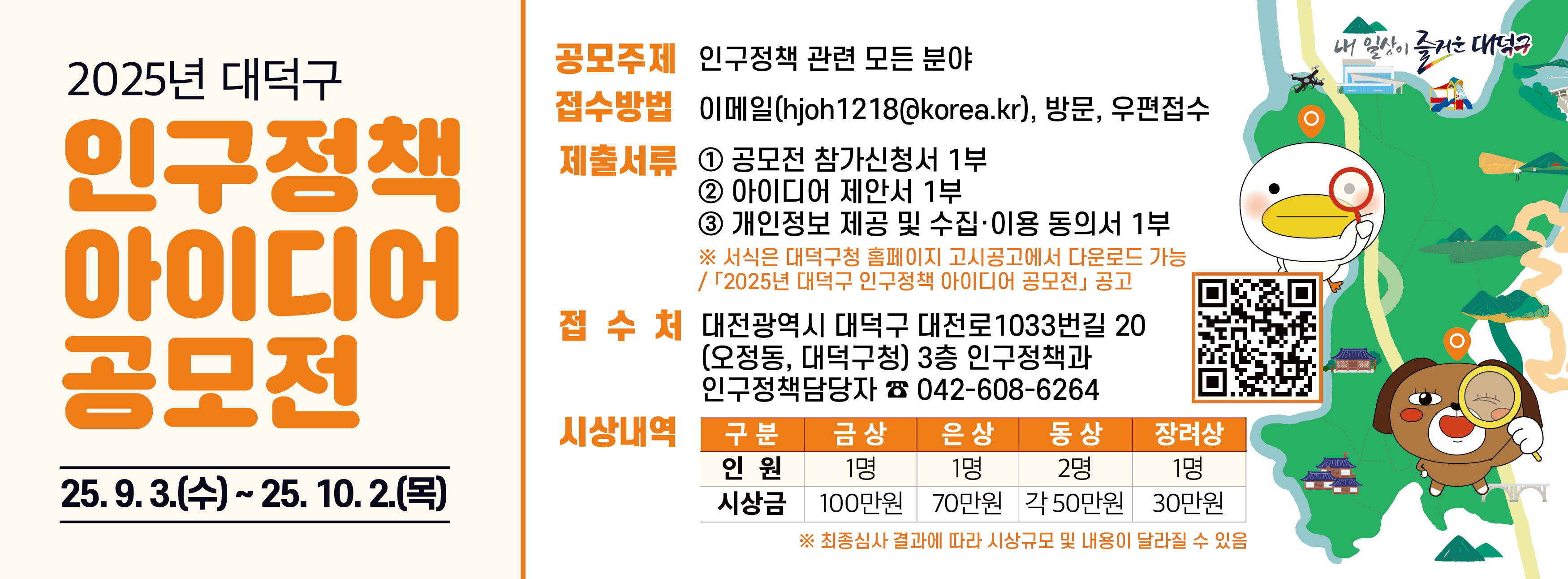 2025년 대덕구 인구정책 아이디어 공모전

- 접수기간: 2025. 9. 3.(수) ~ 10. 2.(목)
- 공모주제: 인구정책 관련 모든 분야
- 공모자격: 대덕구 인구정책에 관심있는 누구나
- 출품수: 1인(팀)당 2건 이하 / 중복시상 불가
- 접수방법: 이메일(hjoh1218@korea.kr), 방문, 우편접수
- 제출서류
    ① 공모전 참가신청서 1부
    ② 아이디어 제안서 1부 
    ③ 개인정보 제공 및 수집·이용 동의서 1부
- 접 수 처: 대전광역시 대덕구 대전로1033번길 20(오정동, 대덕구청) 3층 인구정책과 인구정책담당자(☎ 042-608-6264)