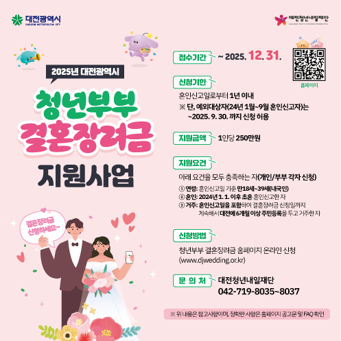 2025년 대전광역시 청년부부 결혼장려금 지원사업

접수기간: 2025. 12. 31.까지
신청기한: 혼인신고일로부터 1년 이내
지원금액: 1인당 250만원
지원요건: 아래 요건을 모두 충족하는 자(개인/부부 각자 신청)
  - 연령: 혼인신고일 기준 만18세~39세(내국인)
  - 혼인: 2024. 1. 1. 이후 초혼 혼인신고한 자
  - 거주: 혼인신고일을 포함하여 결혼장려금 실청일까지 계속해서 대전에 6개월 이상 주민등록을 두고 거주한 자
신청방법: 청년부부 결혼장려금 홈페이지 온라인 신청
문의처: 대전청년내일재단 042-719-8035~8037