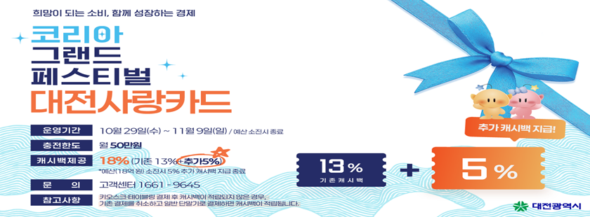 코리아 그랜드 페스티벌 대전사랑카드 캐시백 이벤트

운영기간: 2025. 10. 29.(수 ~ 11. 9.(일)
충전한도: 월 50만원
캐시백 제공: 18%(13%+5%)
문의: 고갣센터 1661-9645