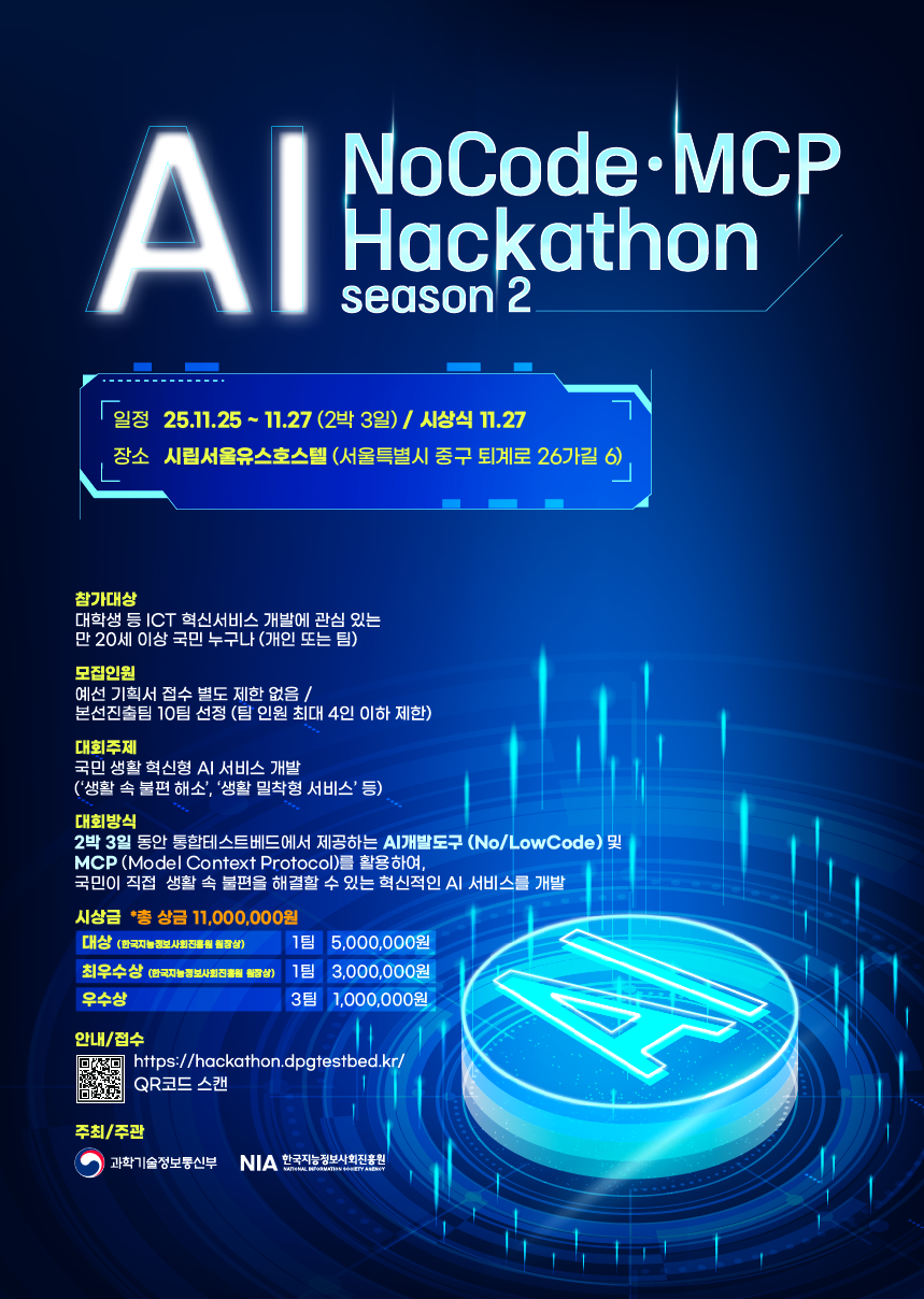2025 AI Nocode-MCP Hackthon 시즌2

일정: 2025. 11. 25. ~ 11. 27.
장소: 시립서울유스호스텔
참가대상: 대학생 등 ICT 혁신서비스 개발에 관심있는 만 20세 이상 국민 누구나(개인 또는 팀)
안내/접수: https://hackathon.dpgtestbed.kr