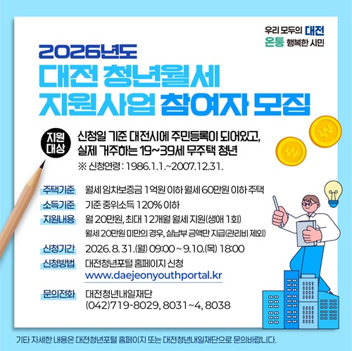 2026년도 
대전 청년월세
지원사업 참여자 모집

지원대상 신청일 기준 대전시에 주민등록이 되어있고,
실제 거주하는 19~39세 무주택 청년
※ 신청연령: 1986.1.1.~2007.12.31.

주택기준 월세 임차보증금 1억원 이하 월세 60만원 이하 주택
소득기준 기준 중위소득 120% 이하
지원내용 월20만원, 최대 12개월 월세 지원(생애 1회)
월세 20만원 미만의 경우, 실납부 금액만 지급(관리비 제외)
신청기간 2026.8.31.(월) 09:00~9.10.(목) 18:00
신청방법 대전청년포털 홈페이지 신청
www.daejeonyouthportal.kr

문의전화 대전청년내일재단
(042)719-8029, 8031~4,8038

기타 자세한 내용은 대전청년포털 홈페이지 또는 대전청년내일재단으로 문의바랍니다.